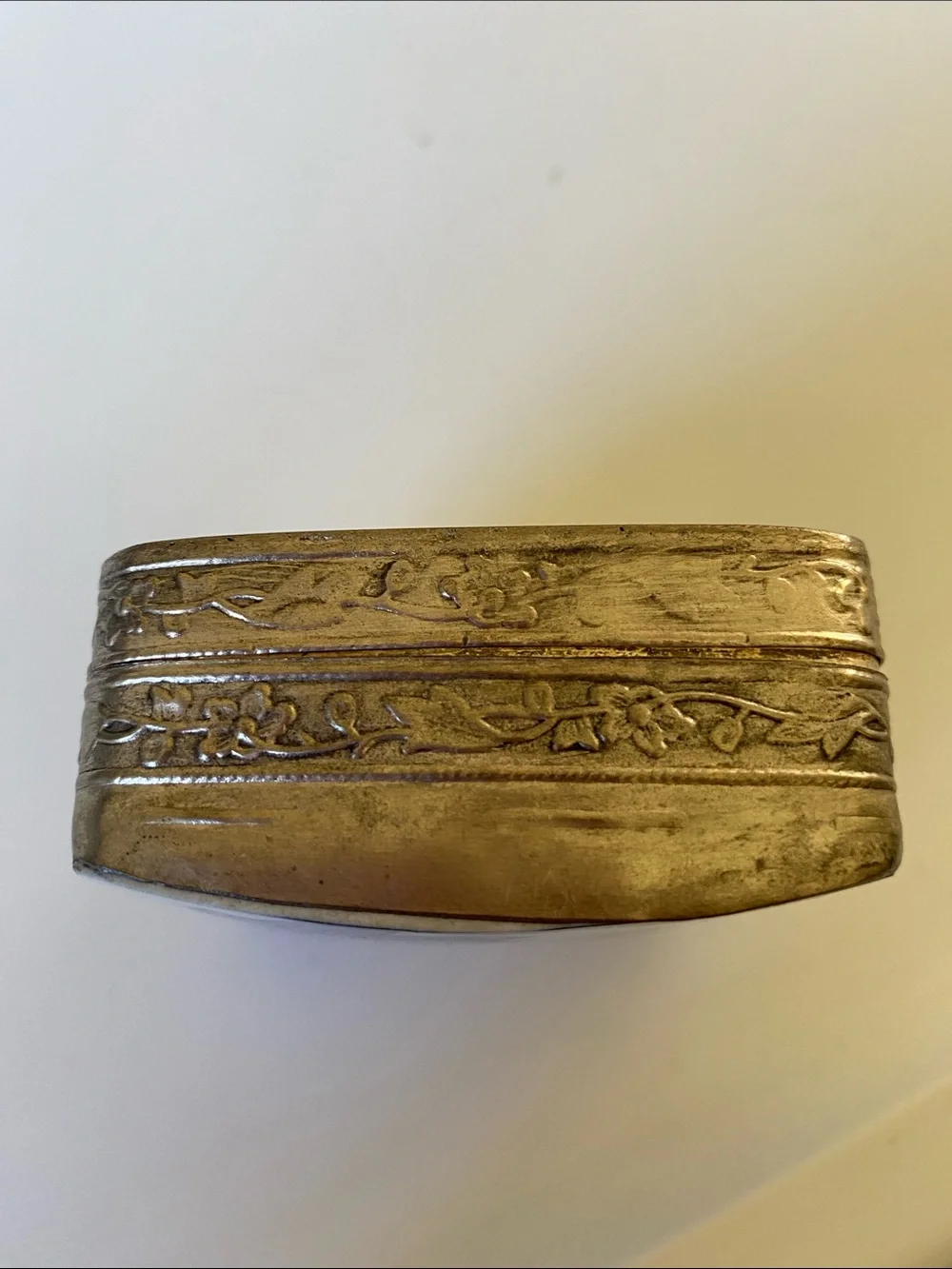 Vintage Asian Hand Painted Porcelain Shard Top Silver Tone Trinket Box